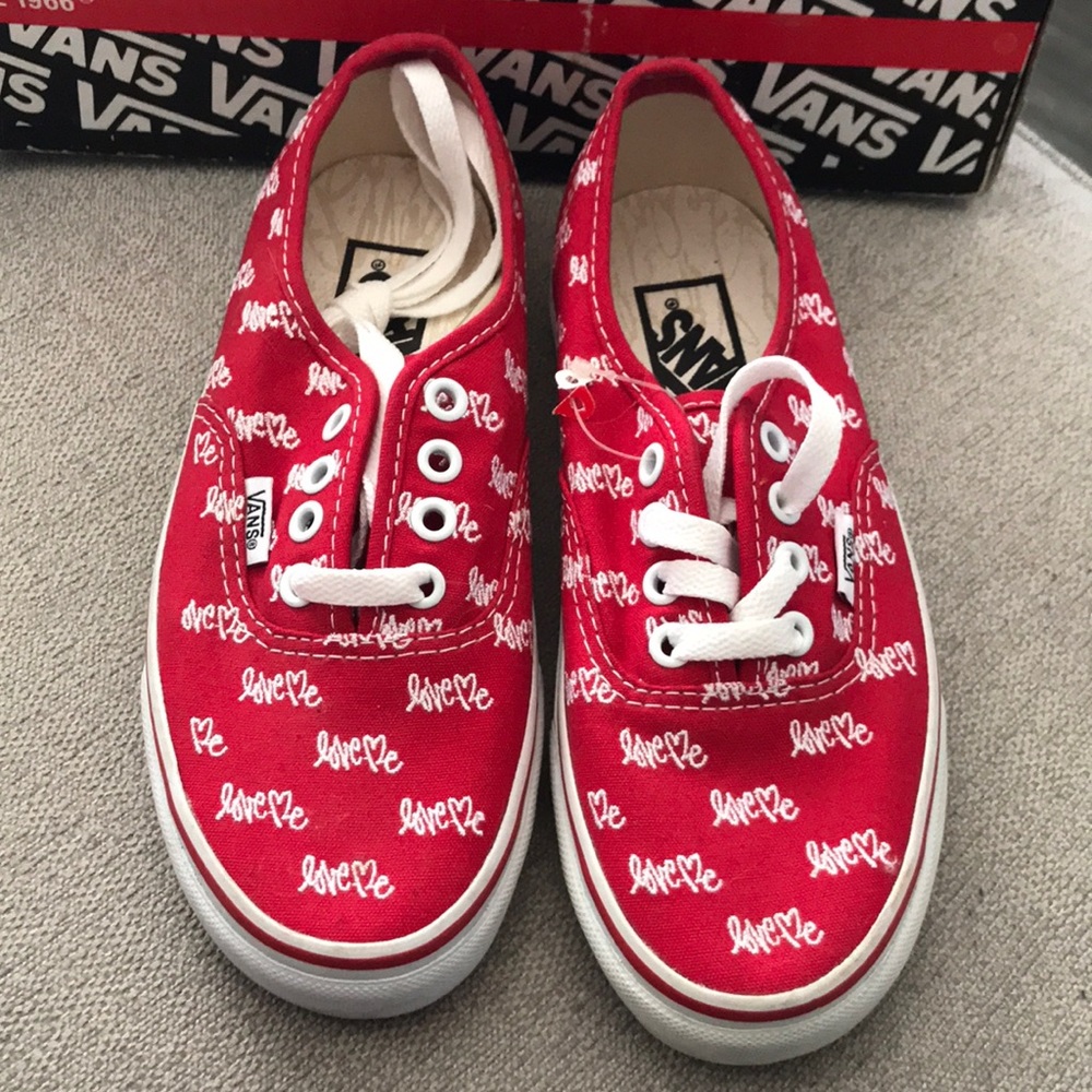 Vans, women’s size 5;men’s size 3.5 RED LOVE ME X LACE UP SNEAKERS